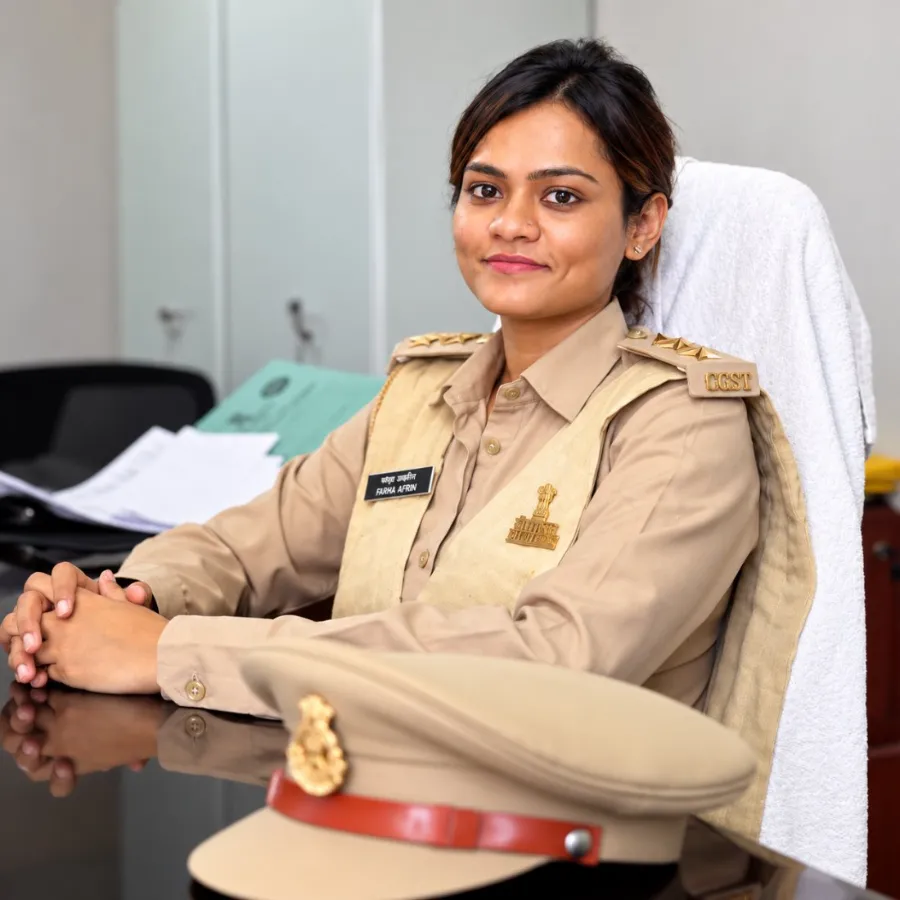 Farha Afrin in CGST uniform at her office desk
